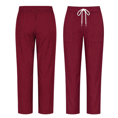 Uk Scrub Supply Front and back views of burgundy scrub pants with an elastic waistband, white drawstring, and side pockets on a plain white background.