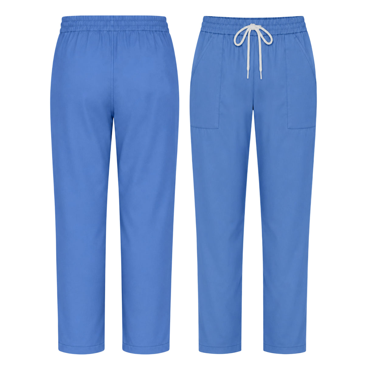 Uk Scrub Supply Blue scrub pants shown from the front and back, featuring an elastic waistband, white drawstring, and side pockets on a plain white background.