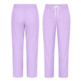 Uk Scrub Supply Front and back views of light purple scrub pants with an elastic waistband, white drawstring, and side pockets on a plain white background.