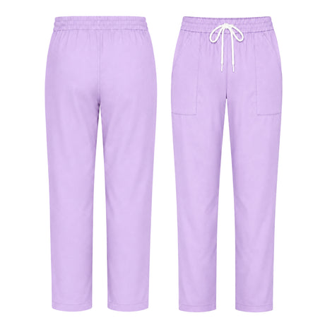 Uk Scrub Supply Front and back views of light purple scrub pants with an elastic waistband, white drawstring, and side pockets on a plain white background.