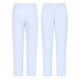 Uk Scrub Supply Light blue scrub pants shown from the back and front, featuring an elastic waistband, white drawstring, and side pockets on a plain white background.