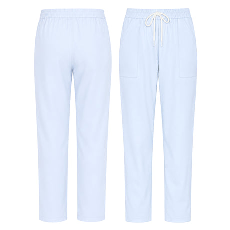 Uk Scrub Supply Light blue scrub pants shown from the back and front, featuring an elastic waistband, white drawstring, and side pockets on a plain white background.