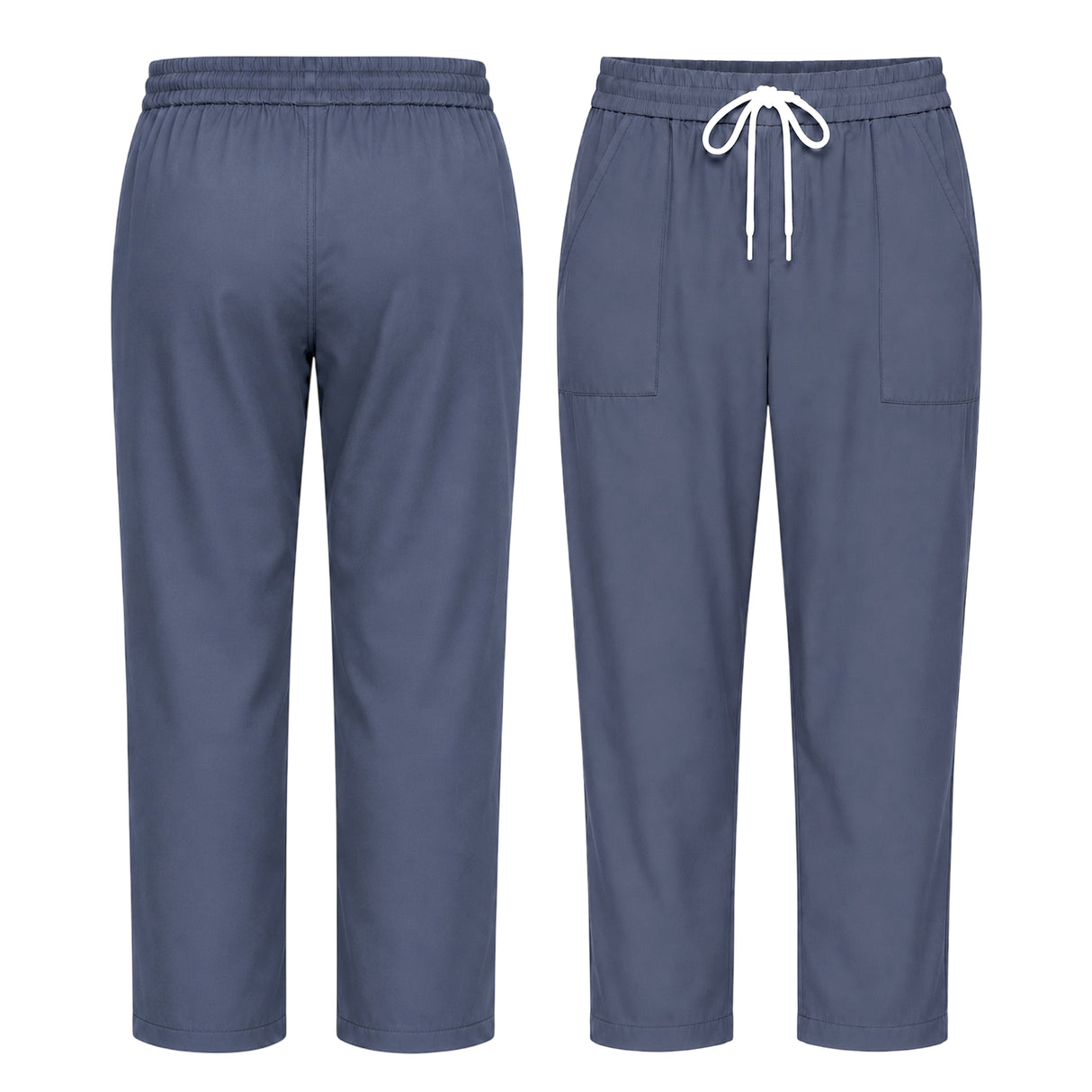 Uk Scrub Supply A pair of scrub pants shown from the front and back, in a slate blue color. The front view shows a white drawstring at the elastic waistband and two front patch pockets.