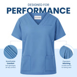 Uk Scrub Supply Light blue V-neck scrub top with two front pockets, shown on a white background with marketing text reading 'DESIGNED FOR PERFORMANCE' and callout circles highlighting breathable comfort and precision stitching.