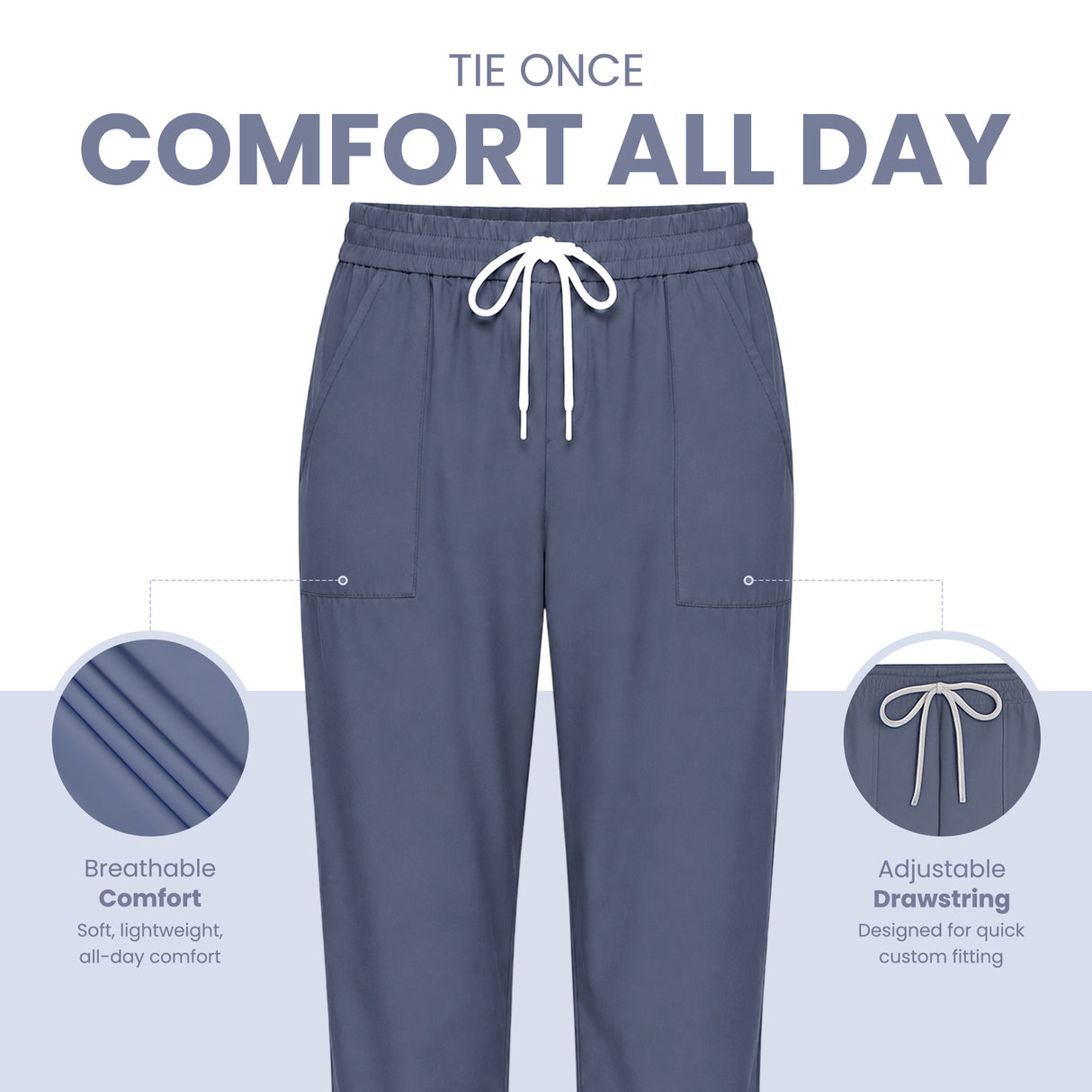 Uk Scrub Supply pair of slate blue scrub pants with a white drawstring, shown on a light gray background with marketing text and circular detail callouts highlighting breathable comfort and adjustable drawstring features.