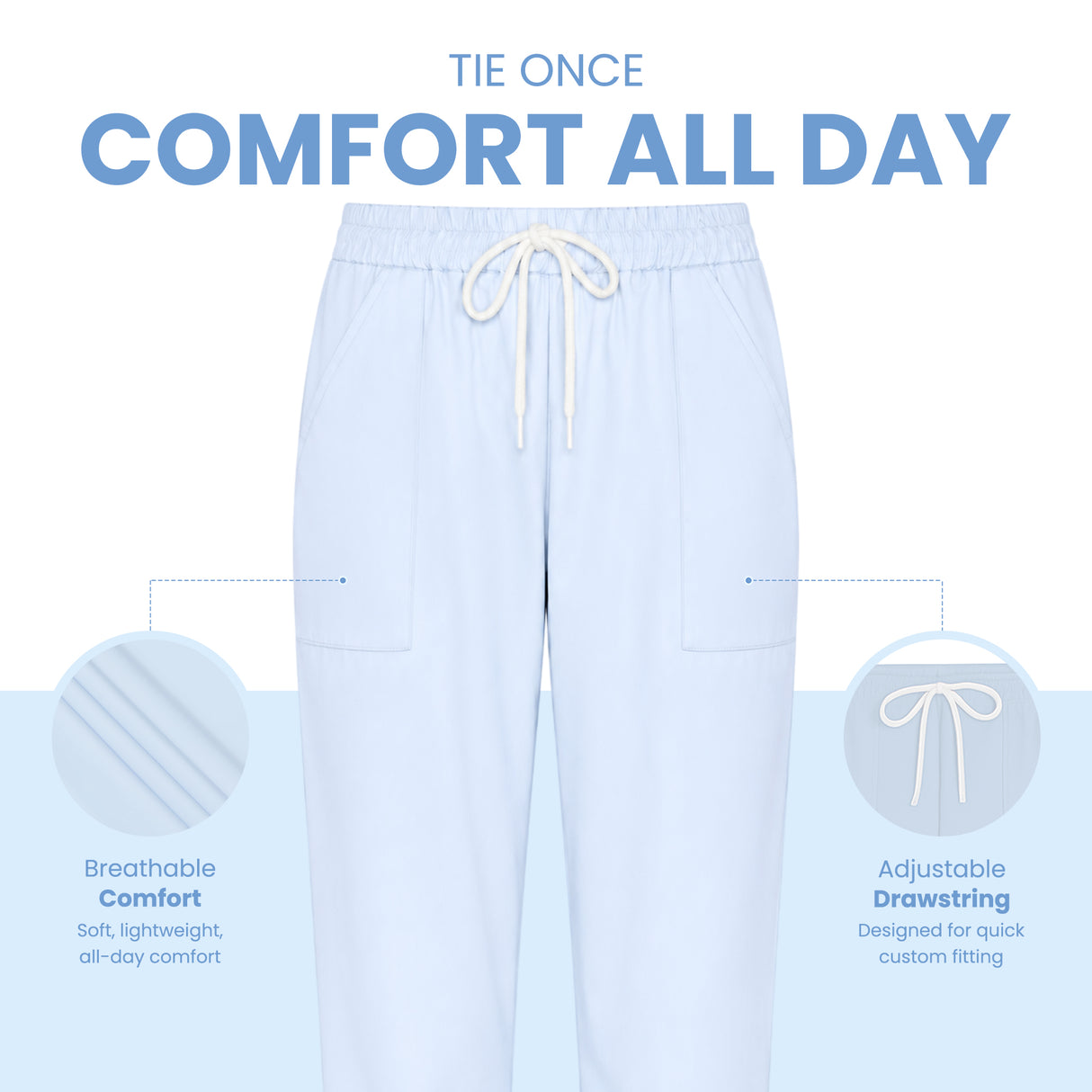 Uk Scrub Supply Light blue drawstring lounge pants centered on a white and pale blue background, with marketing text reading 'TIE ONCE COMFORT ALL DAY' and callout circles highlighting breathable comfort and adjustable drawstring features.