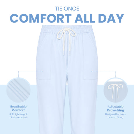 Uk Scrub Supply Light blue drawstring lounge pants centered on a white and pale blue background, with marketing text reading 'TIE ONCE COMFORT ALL DAY' and callout circles highlighting breathable comfort and adjustable drawstring features.