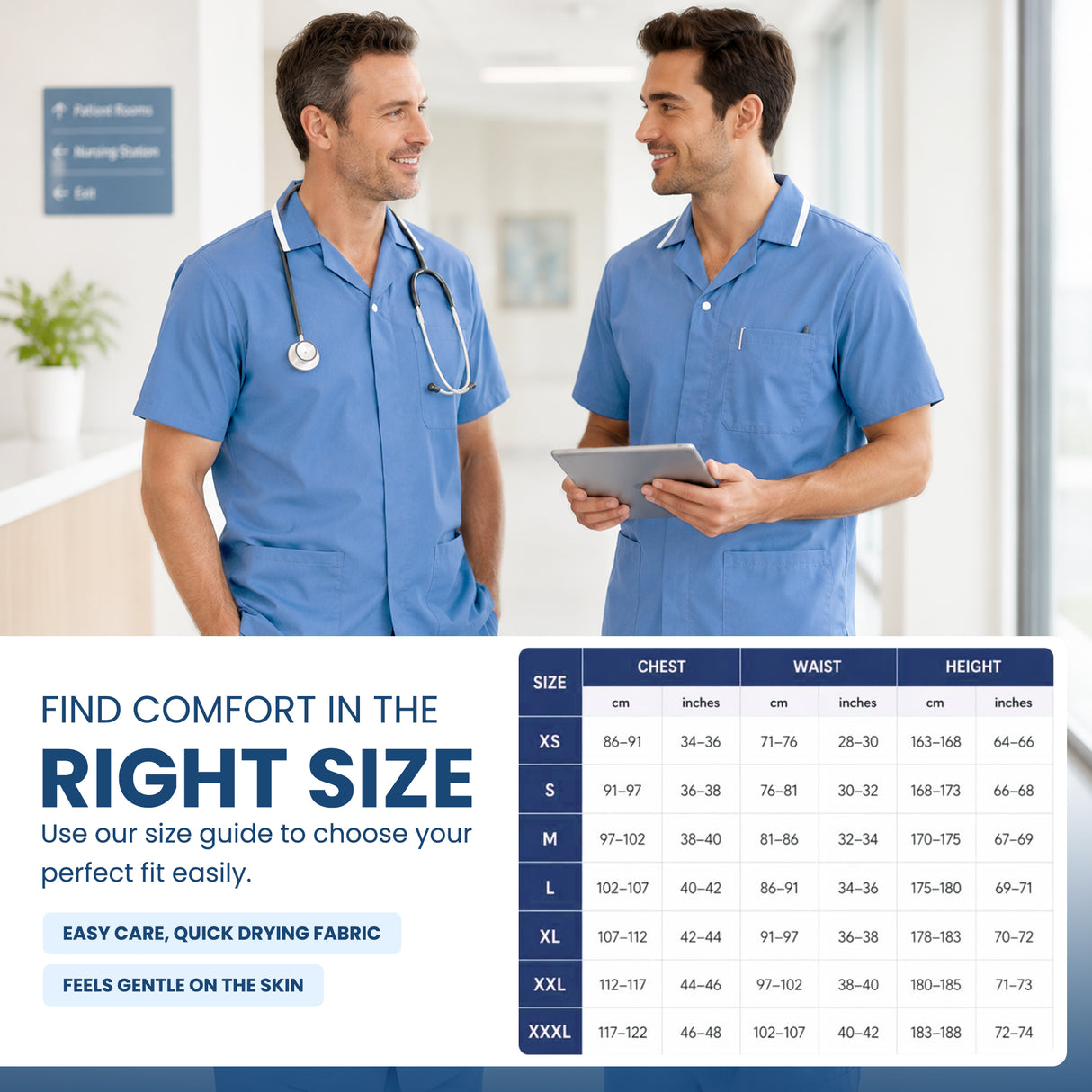 Uk Scrub Supply Two men in blue medical scrubs standing in a bright clinic setting, with a size guide chart overlaid on the bottom right showing chest, waist, and height measurements for sizes XS through XXXL.