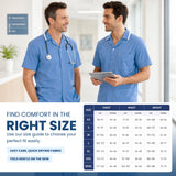 Uk Scrub Supply Two men in blue medical scrubs standing in a bright clinic setting, with a size guide chart overlaid on the bottom right showing chest, waist, and height measurements for sizes XS through XXXL.