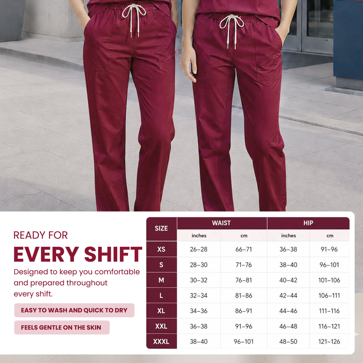 Uk Scrub SUpply A pair of women's scrub pants in a deep burgundy/maroon color, shown from the waist down on a model. The image includes a size chart and text highlighting features like being ready for every size and easy to wash and dry.
