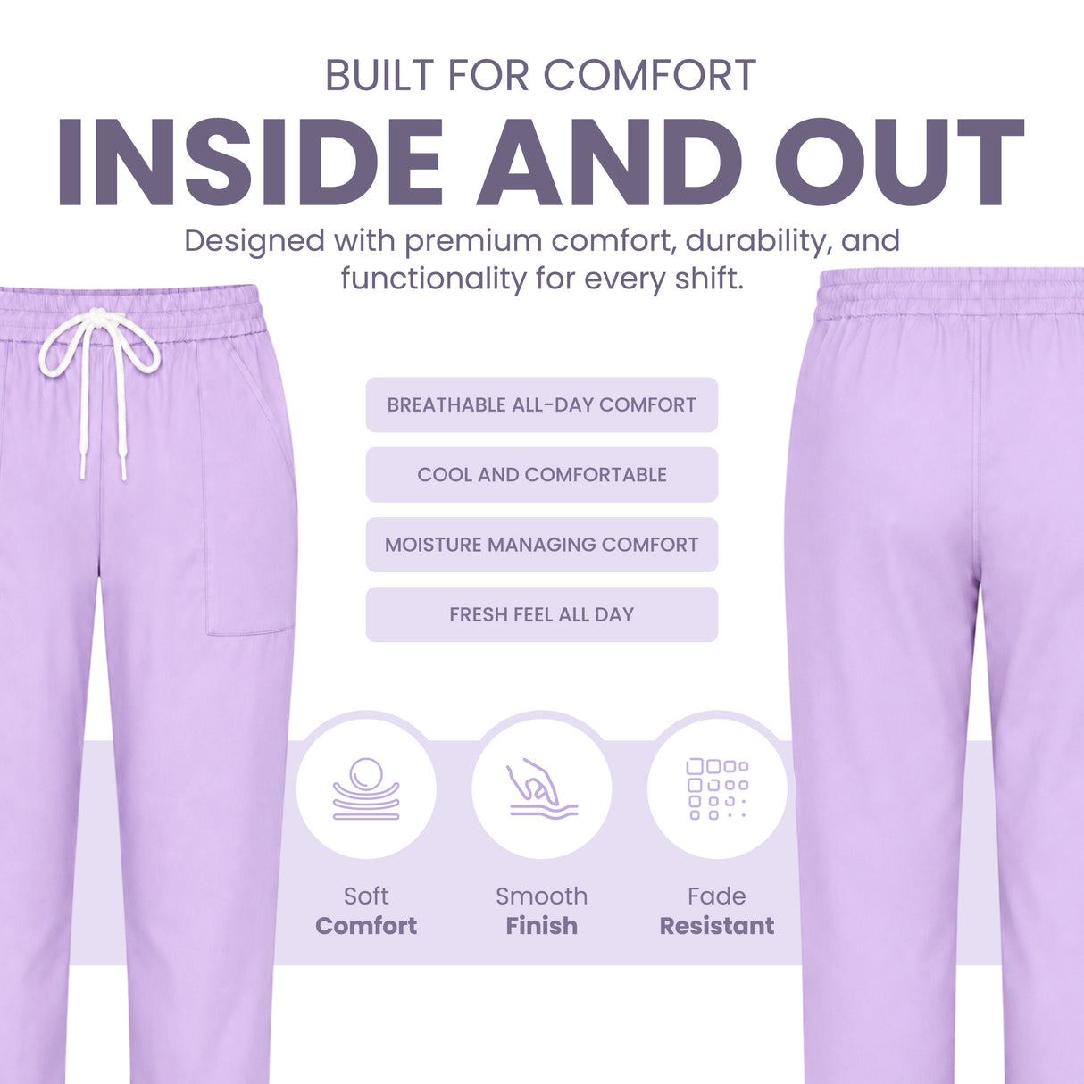 Uk Scrub Supply Lilac purple lounge pants shown from the front and back on a white background with marketing text about comfort, breathability, and softness.