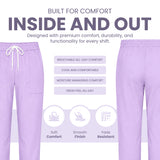 Uk Scrub Supply Lilac purple lounge pants shown from the front and back on a white background with marketing text about comfort, breathability, and softness.