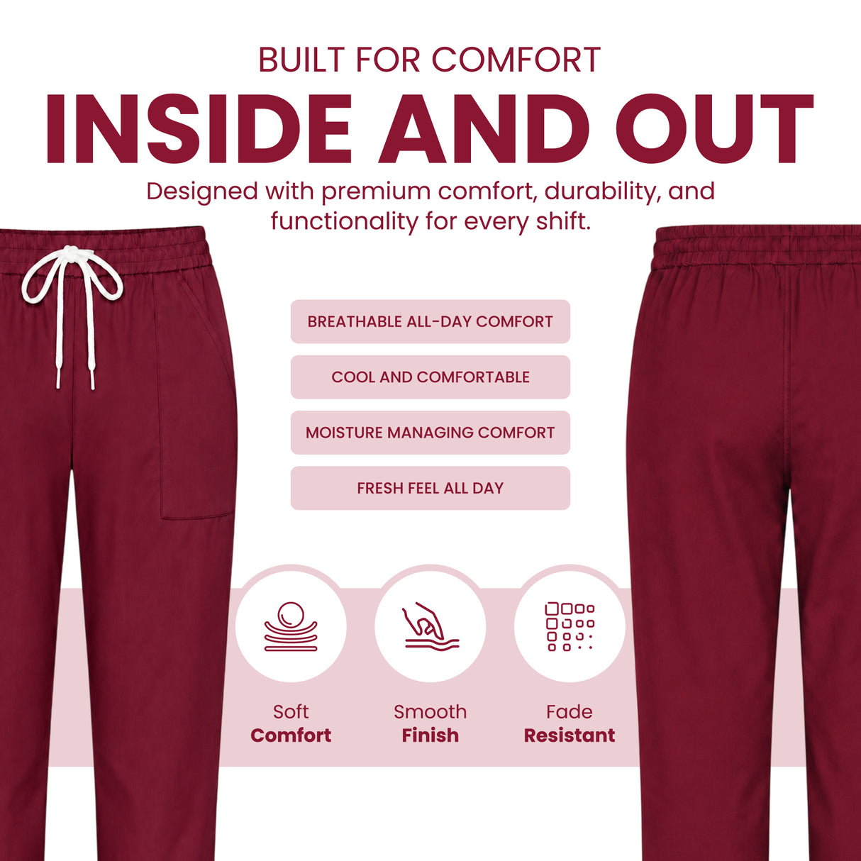 Uk Scrub Supply A promotional graphic for burgundy lounge pants showing front and back views with white drawstrings, plus marketing text and feature icons about comfort, breathability, smooth finish, and fade resistance.