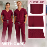 A promotional image showing a man and a woman wearing matching burgundy V-neck scrub tops and scrub pants in a hospital hallway. On the right, three inset close-up panels highlight the scrub top's V-neck, side seam, and elastic waistband.
