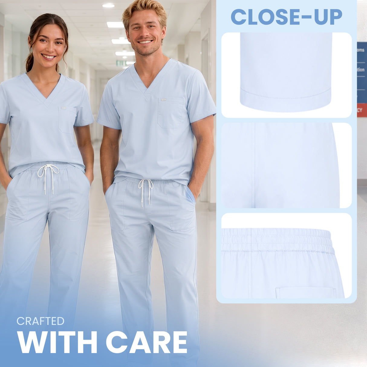 Trousers Scrub A man and a woman wearing light blue V-neck scrub tops and matching scrub pants in a bright hallway, with close-up inset panels showing details of the scrub top and pants. Text reads 'CLOSE-UP' and 'CRAFTED WITH CARE'.