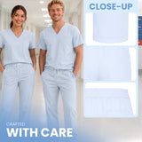 Trousers Scrub A man and a woman wearing light blue V-neck scrub tops and matching scrub pants in a bright hallway, with close-up inset panels showing details of the scrub top and pants. Text reads 'CLOSE-UP' and 'CRAFTED WITH CARE'.