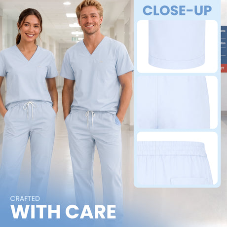 Trousers Scrub A man and a woman wearing light blue V-neck scrub tops and matching scrub pants in a bright hallway, with close-up inset panels showing details of the scrub top and pants. Text reads 'CLOSE-UP' and 'CRAFTED WITH CARE'.