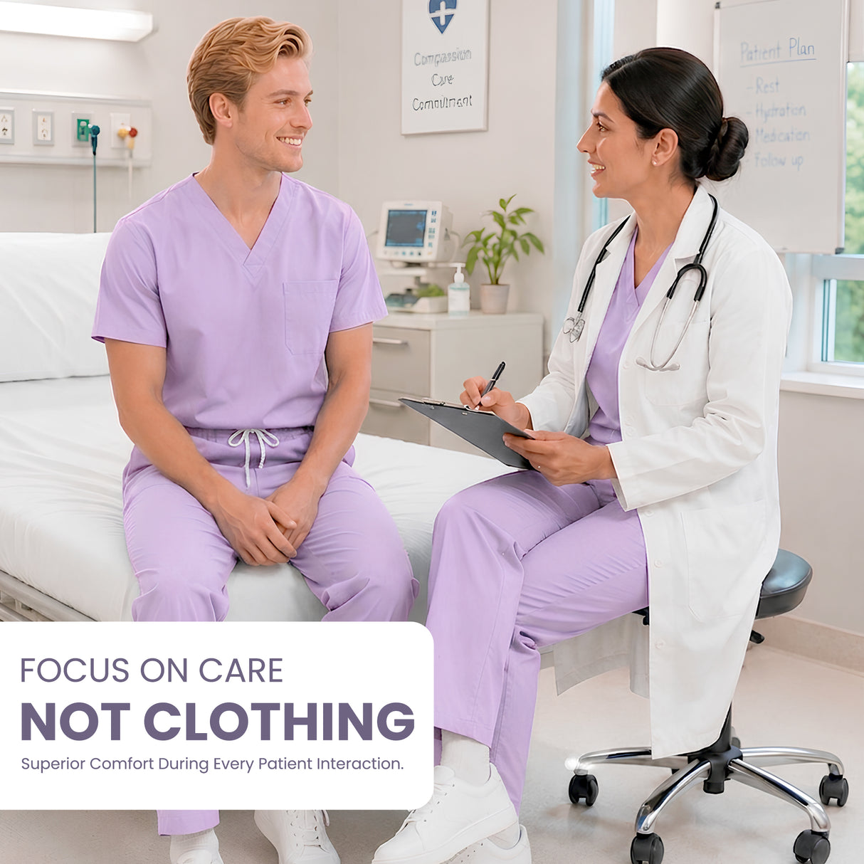 Uk Scrub Supply A man in light purple medical scrubs sits on a hospital bed while a female doctor in a white coat and stethoscope sits beside him holding a clipboard, in a bright clinic room. Text overlay reads 'FOCUS ON CARE NOT CLOTHING' with smaller supporting text below.