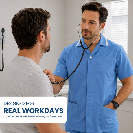 Uk Scrub Supply man in a light blue medical scrub top stands beside another man in a gray T-shirt, with a stethoscope around his neck, in a clinical room. A white text box at the bottom left reads, 'DESIGNED FOR REAL WORKDAYS Comfort and durability for all-day performance.