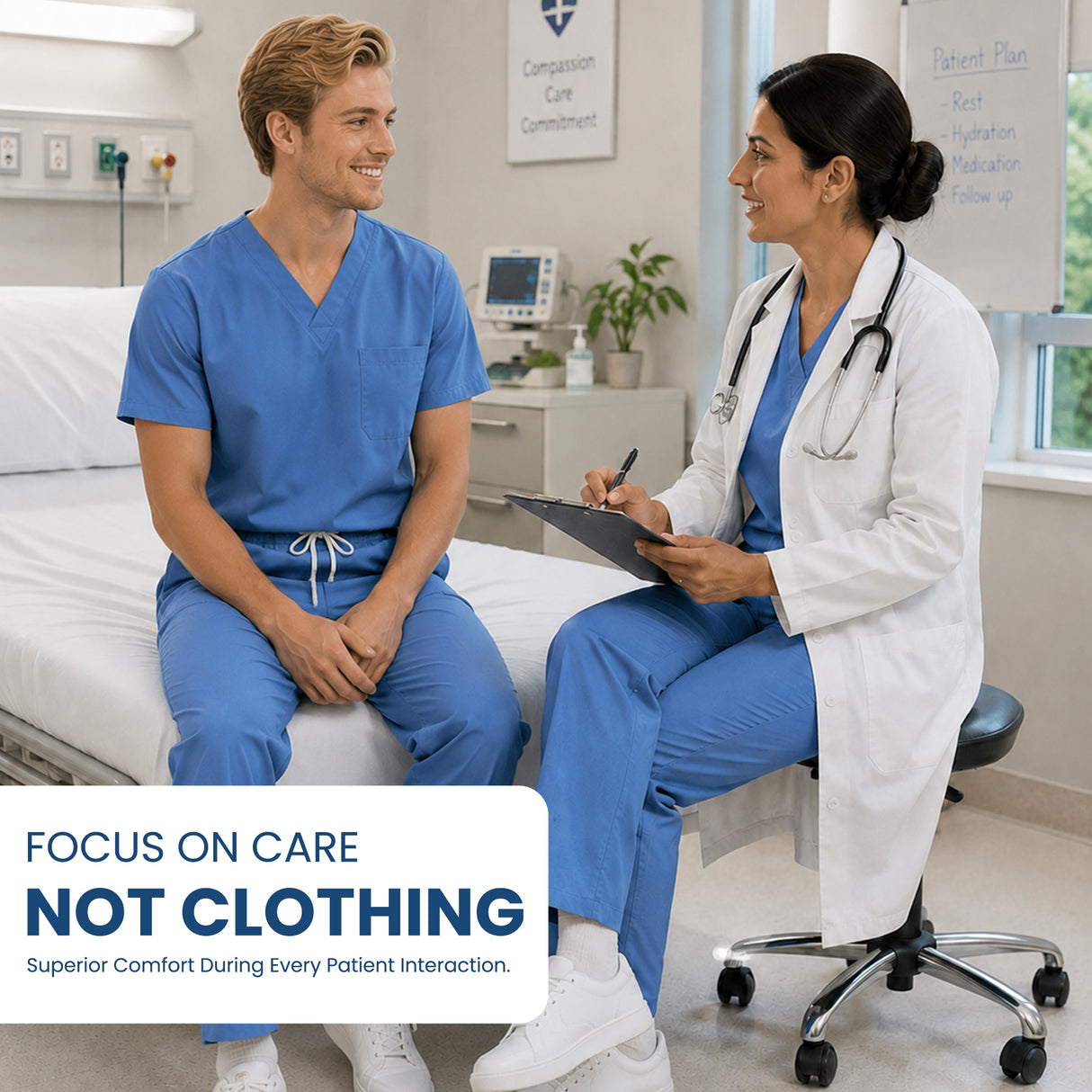 Uk Scrub Supply A male and female healthcare worker in blue scrubs and white coats sit and converse in a bright clinic room. A large text overlay at the bottom reads 'FOCUS ON CARE NOT CLOTHING' with a subtitle about superior comfort during patient interaction.