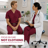 A man in maroon medical scrubs sits on a hospital bed talking with a female doctor in a white coat and stethoscope, who is holding a clipboard. A white text box at the bottom reads 'FOCUS ON CARE NOT CLOTHING' and 'Superior Comfort During Every Patient Interaction.