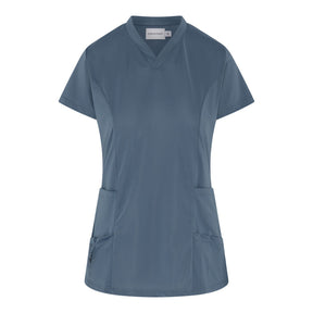 A blue female scrub tunic with V-shaped neckline, double-layered hip pockets, a front chest pocket, and side vents.