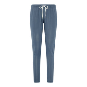 A pair of blue female scrub trousers with an elastic waistband and white drawstrings, featuring a tailored silhouette and three pockets.