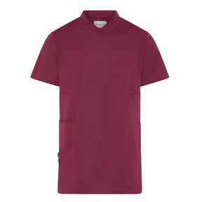 A maroon male scrub tunic with a V-shaped neckline, two hip pockets, and a front chest pocket.