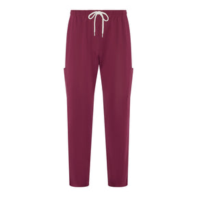 A pair of maroon male scrub trousers with an elastic waistband and drawstring, featuring multiple pockets.