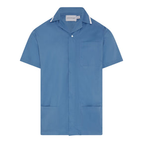 A blue male tunic with a collar, short sleeves, a concealed zip fastening, and two visible pockets.
