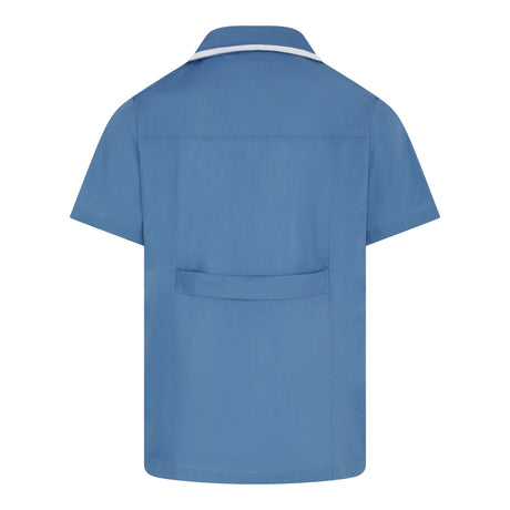 Blue short-sleeve shirt with white trim on a white background