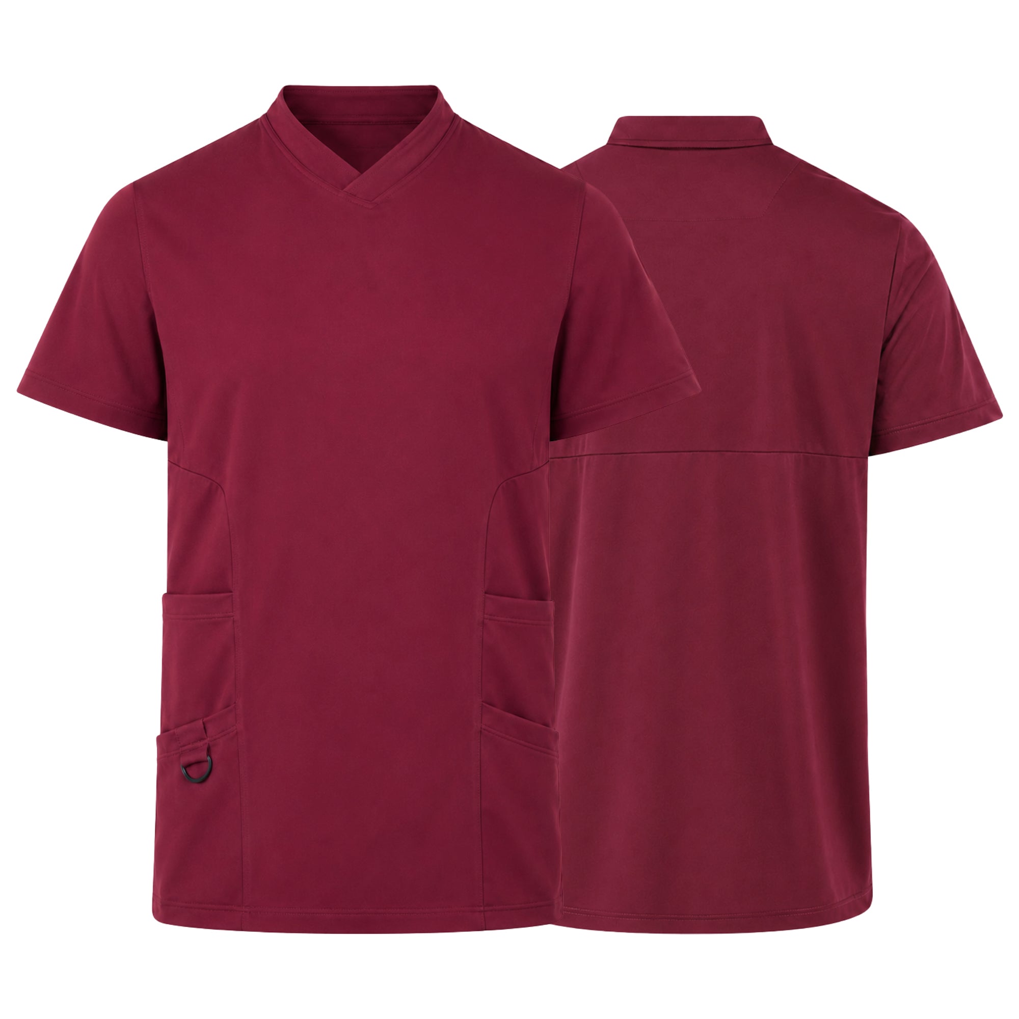 A maroon short-sleeve scrub top shown from both the front and back views against a plain white background.