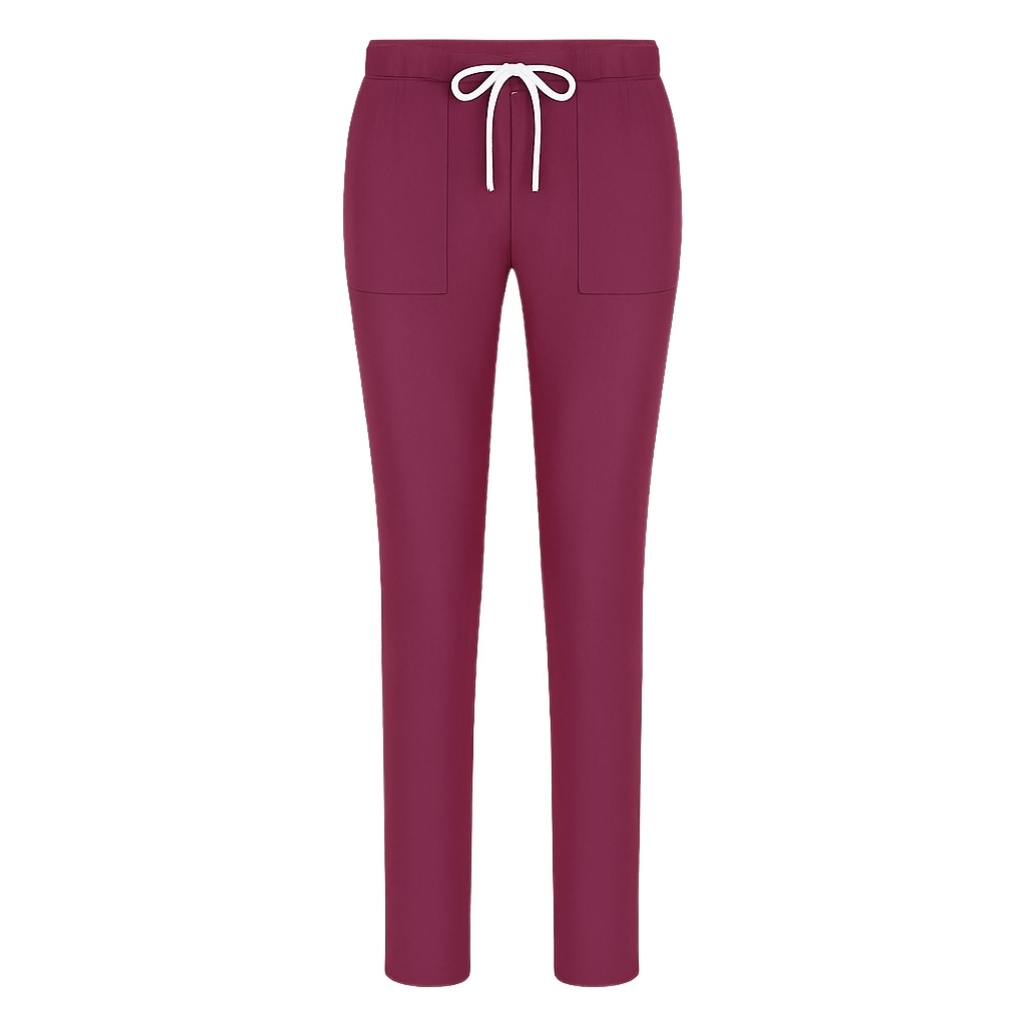 Maroon pants with a white drawstring on a white background