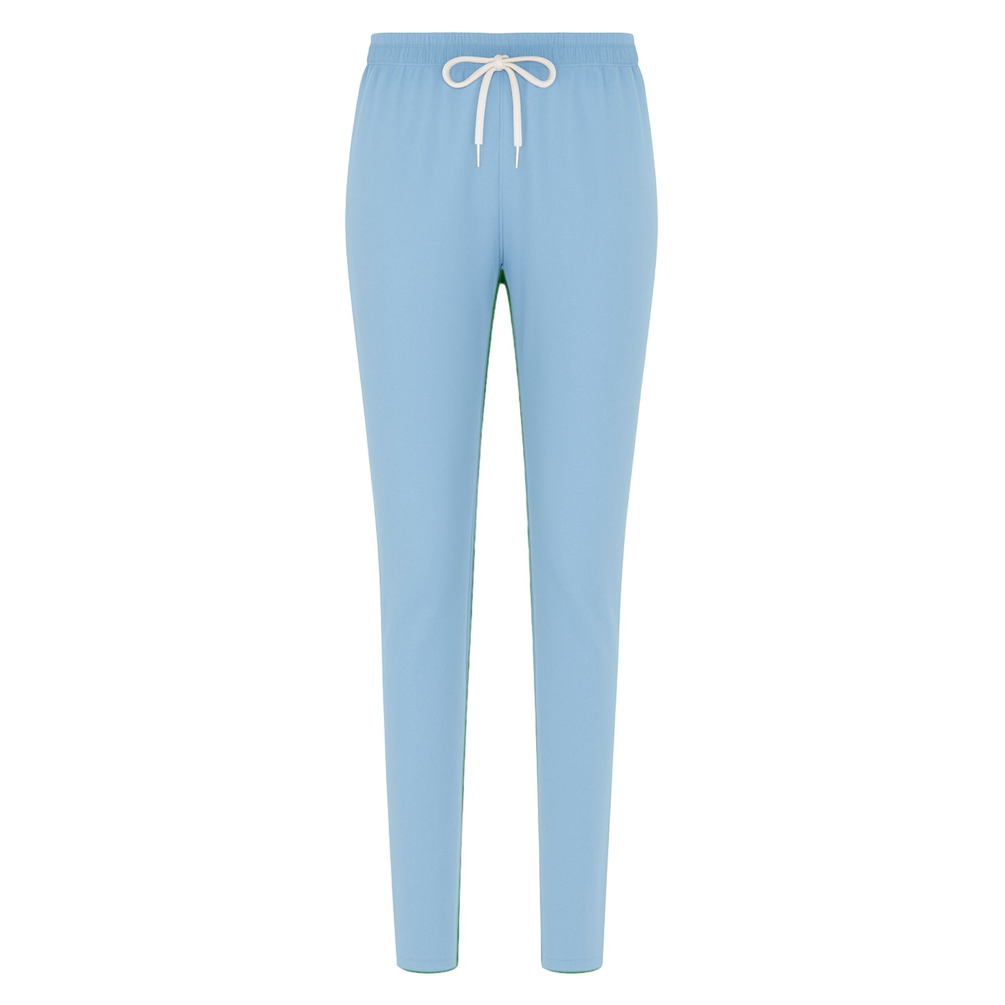 Light blue pants with a white drawstring on a white background
