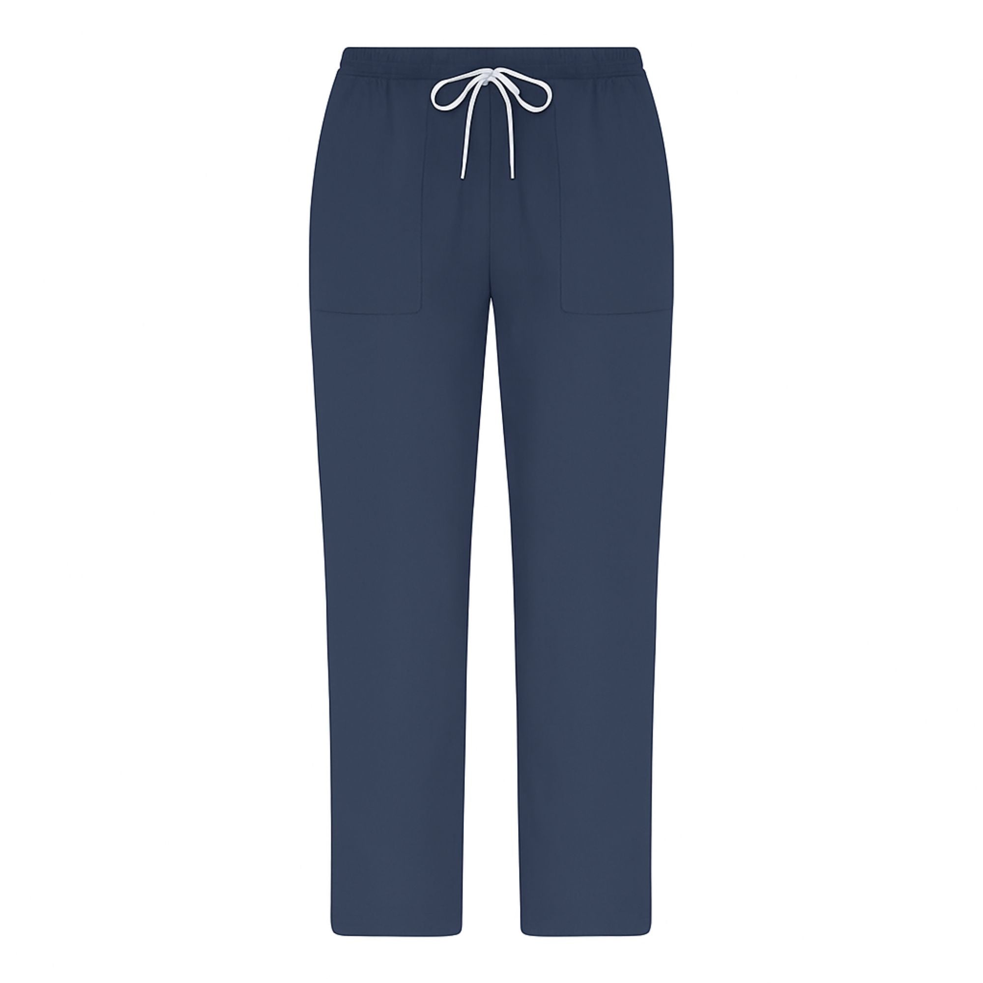 Navy blue pants with a white drawstring on a white background