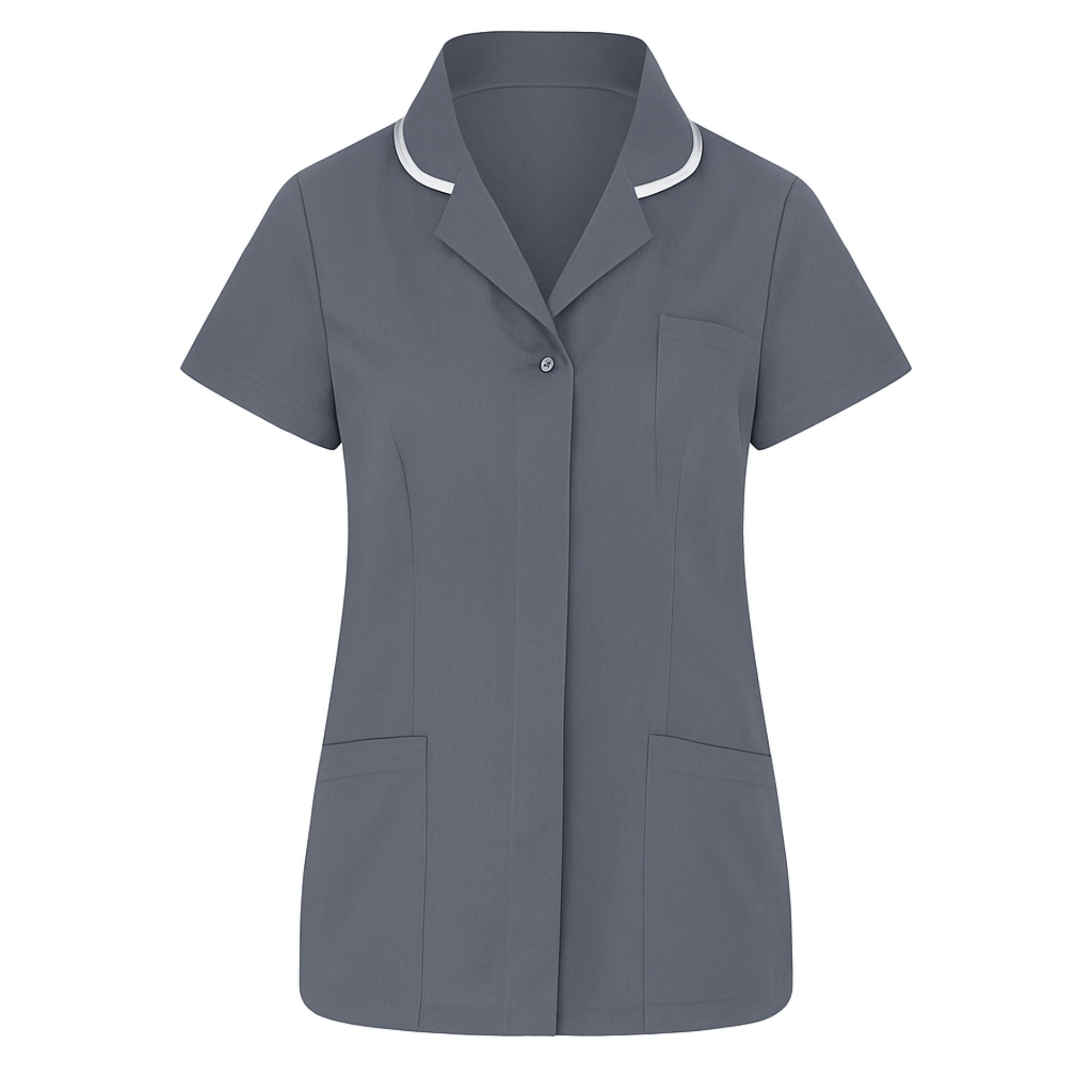 Gray short-sleeve shirt with white trim on a white background
