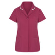 Pink short-sleeve shirt with white trim on a white background