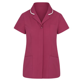 Pink short-sleeve shirt with white trim on a white background