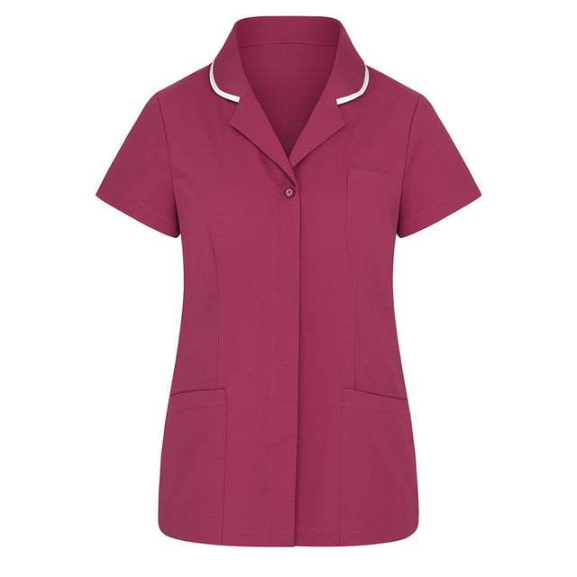 Pink short-sleeve shirt with white trim on a white background