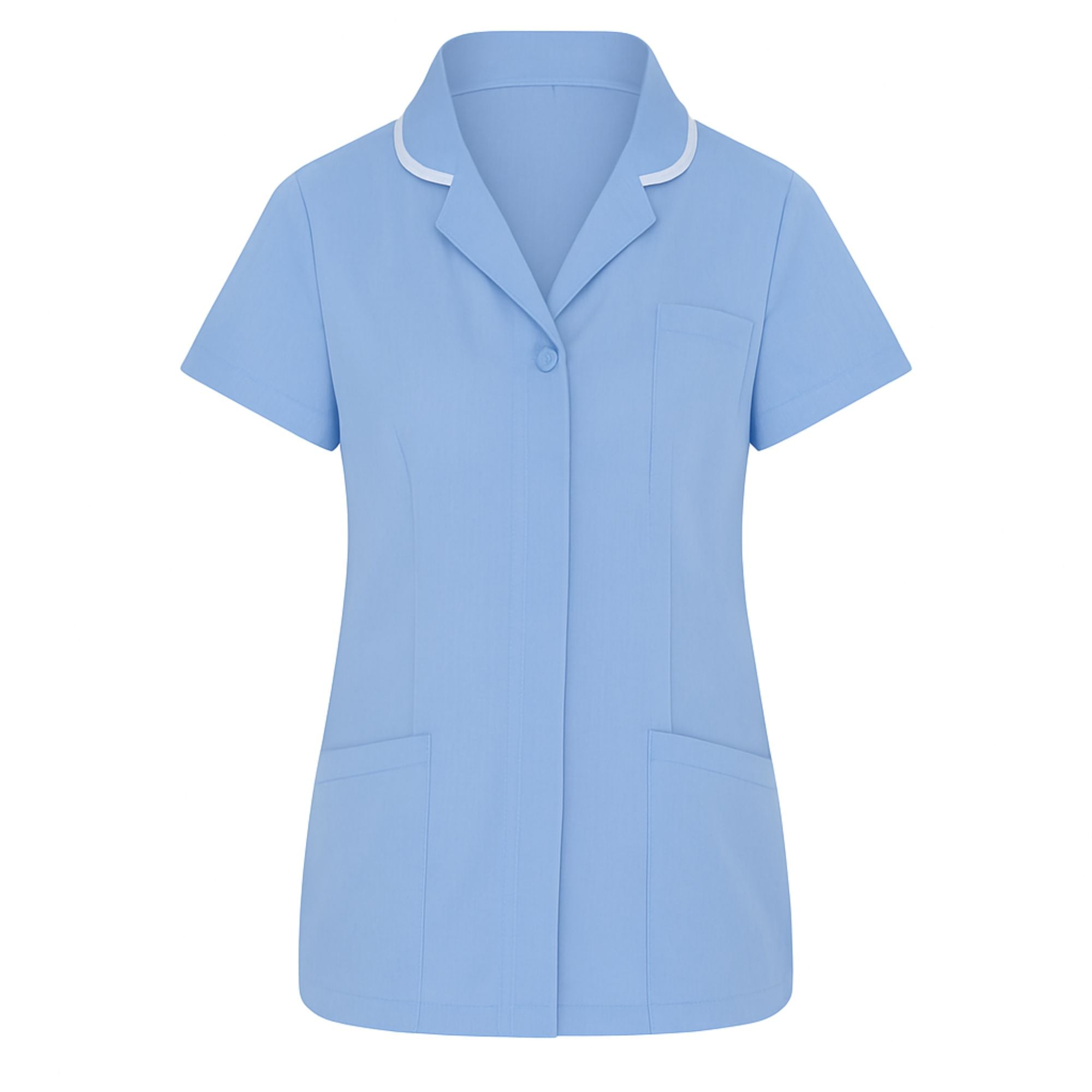 Light blue short-sleeve shirt with white trim on a white background