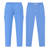 Uk_Scrub_Supply_Blue_Color_Scrub_Trouser Light blue scrub pants shown from the front and back, featuring an elastic waistband, white drawstring, and cargo-style side pockets on a plain white background.