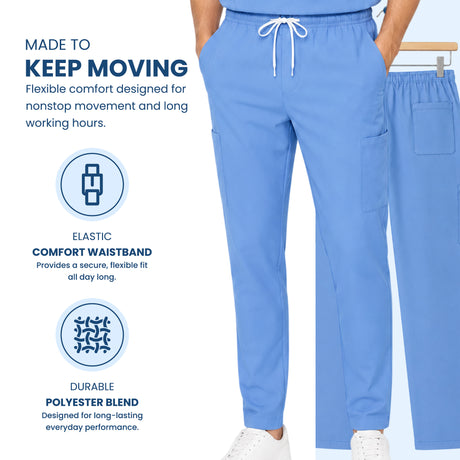 Uk_Scrub_Supply_Blue_Color_Scrub_TrouserLight blue scrub pants with a white drawstring waist and side pockets, shown on a model with matching scrub top partially visible. Text callouts describe comfort, elastic waistband, and durable polyester blend.