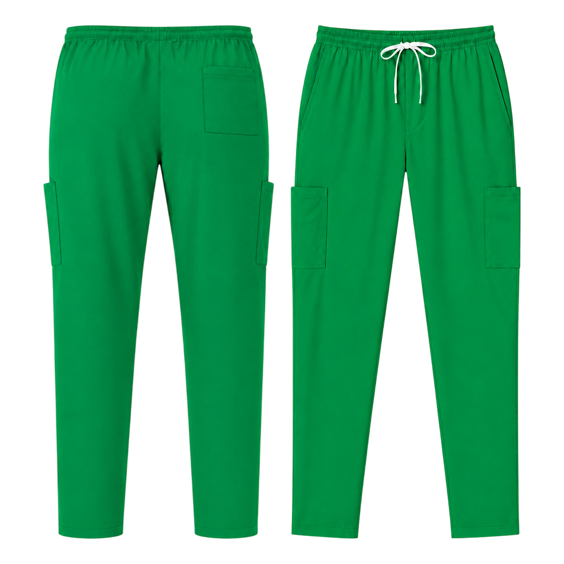 Uk_Scrub_Supply_Green_Color_Scrub_Trouser Bright green scrub pants shown from the front and back on a plain white background. The front view shows an elastic waistband with a white drawstring and cargo-style side pockets, while the back view shows matching side pockets.