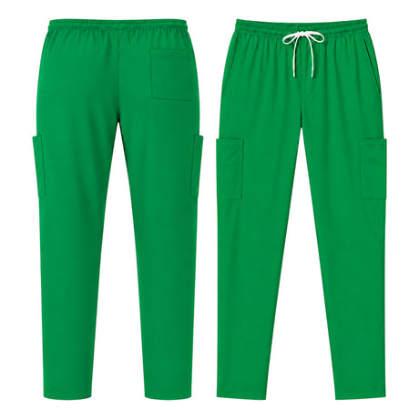 Uk_Scrub_Supply_Green_Color_Scrub_Trouser Bright green scrub pants shown from the front and back on a plain white background. The front view shows an elastic waistband with a white drawstring and cargo-style side pockets, while the back view shows matching side pockets.