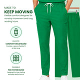 Uk_Scrub_Supply_Green_Color_Scrub_Trouser Green scrub pants with a white drawstring, shown on a model with a second pair hanging on a hanger. The image includes marketing text and feature icons for elastic comfort waistband and durable polyester blend.