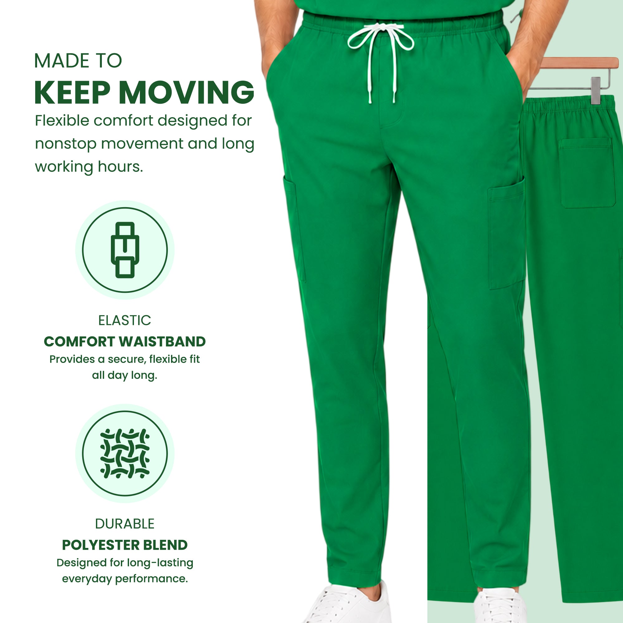Uk_Scrub_Supply_Green_Color_Scrub_Trouser Green scrub pants with a white drawstring, shown on a model with a second pair hanging on a hanger. The image includes marketing text and feature icons for elastic comfort waistband and durable polyester blend.