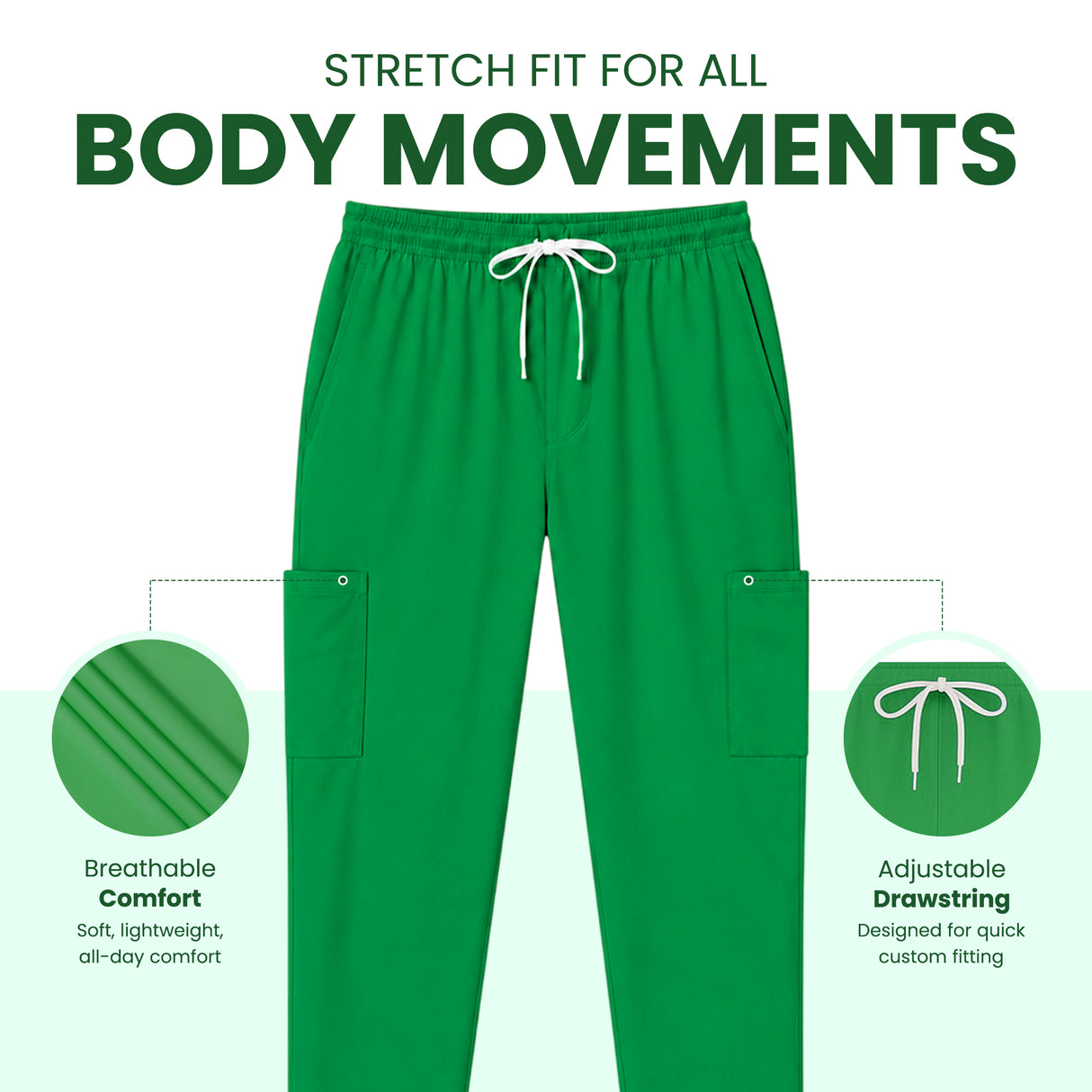 Uk_Scrub_Supply_Green_Color_Scrub_Trouser Green cargo-style pants with a white drawstring, shown on a light background with marketing text and two circular feature callouts highlighting breathable comfort and adjustable drawstring.