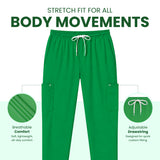 Uk_Scrub_Supply_Green_Color_Scrub_Trouser Green cargo-style pants with a white drawstring, shown on a light background with marketing text and two circular feature callouts highlighting breathable comfort and adjustable drawstring.