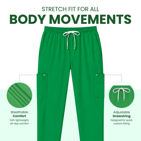 Uk_Scrub_Supply_Green_Color_Scrub_Trouser Green cargo-style pants with a white drawstring, shown on a light background with marketing text and two circular feature callouts highlighting breathable comfort and adjustable drawstring.
