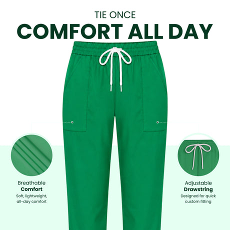 Uk Scrub Supply Green drawstring pants centered on a white background with marketing text reading 'TIE ONCE COMFORT ALL DAY' and two circular inset callouts highlighting breathable comfort and adjustable drawstring features.